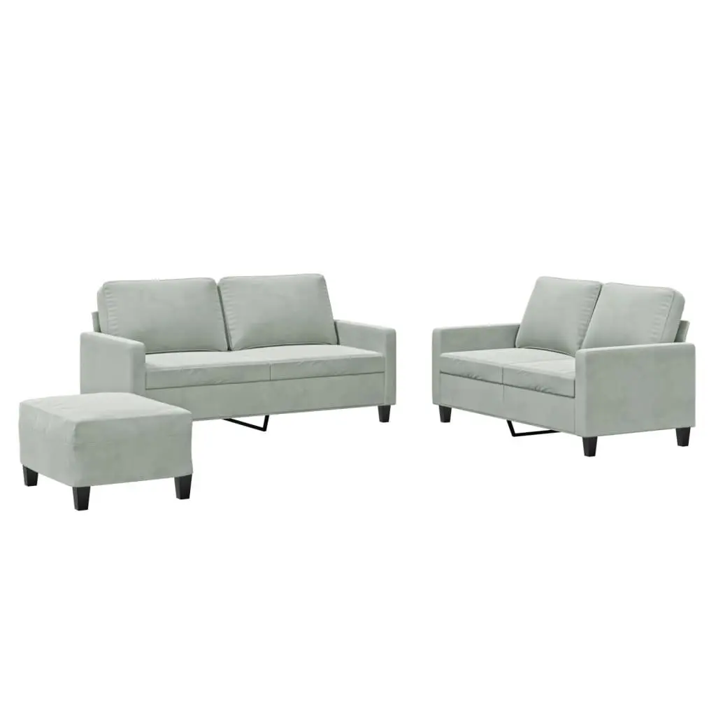 3 Piece Grey Velvet Sofa Set with Footstool Living Room Furniture