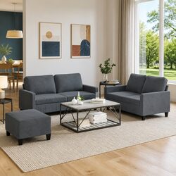Grey Velvet 3 Piece Sofa Set with Cushions and Footstool