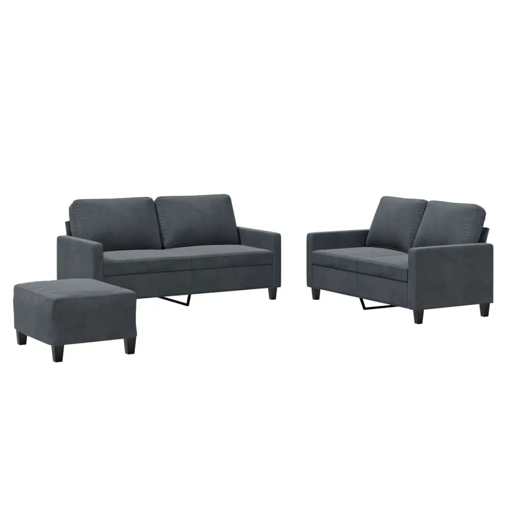 3 Piece Sofa Set Grey Velvet Couch with Cushions and Footstool