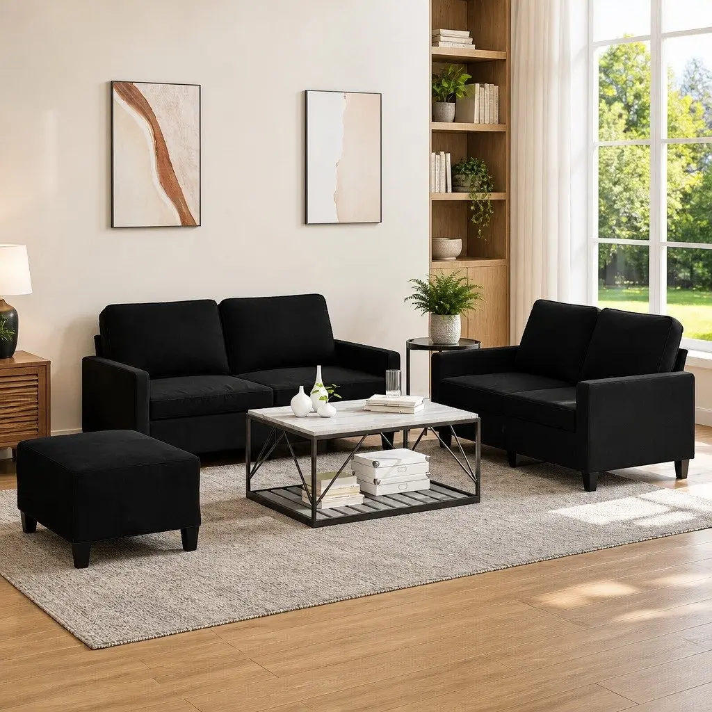 3 Piece Sofa Set Black Velvet Compact Living Room Furniture