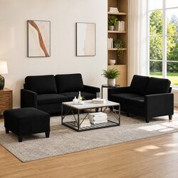Cozy 3 Piece Velvet Sofa Set with Ottoman - Black