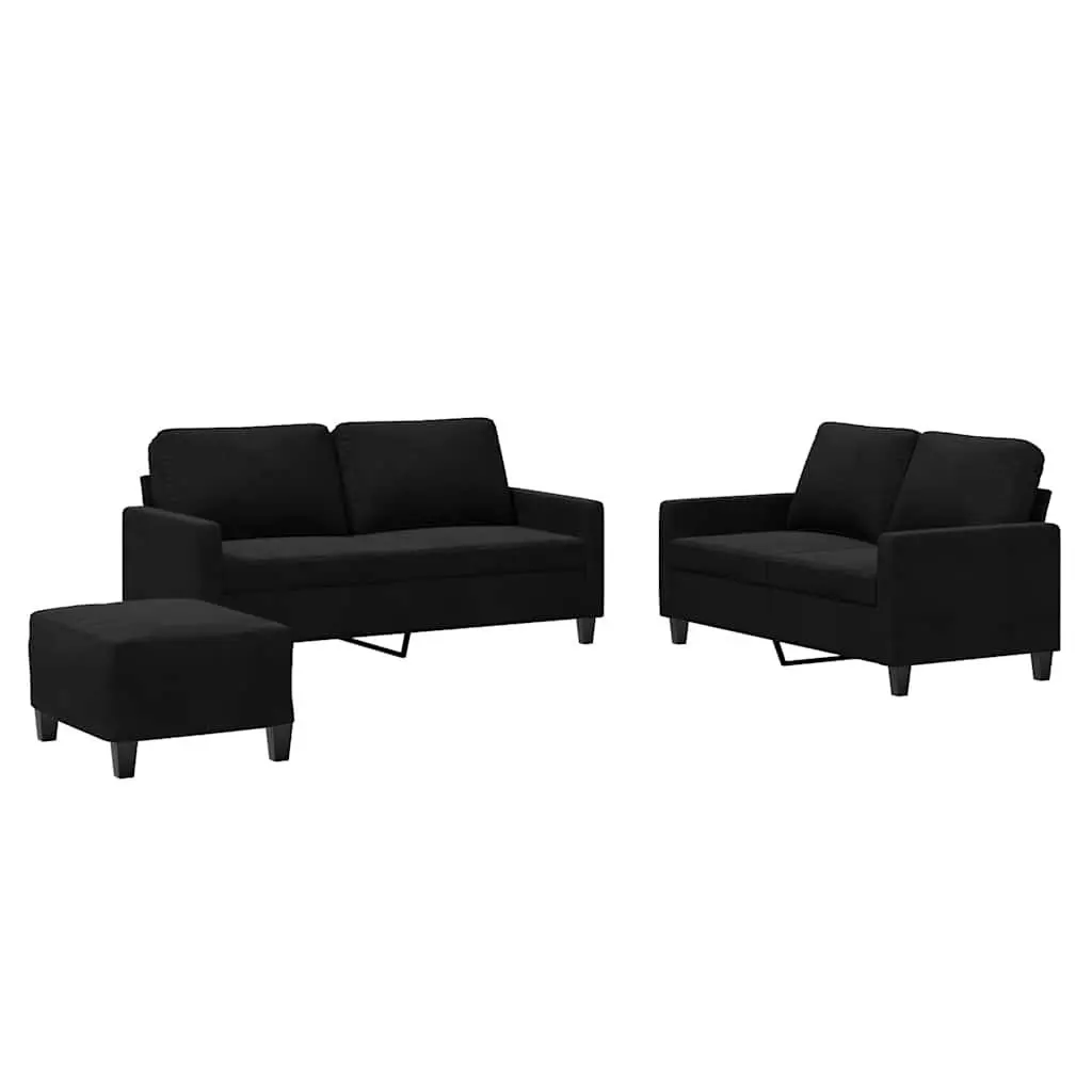 3 Piece Sofa Set Black Velvet Compact Living Room Furniture