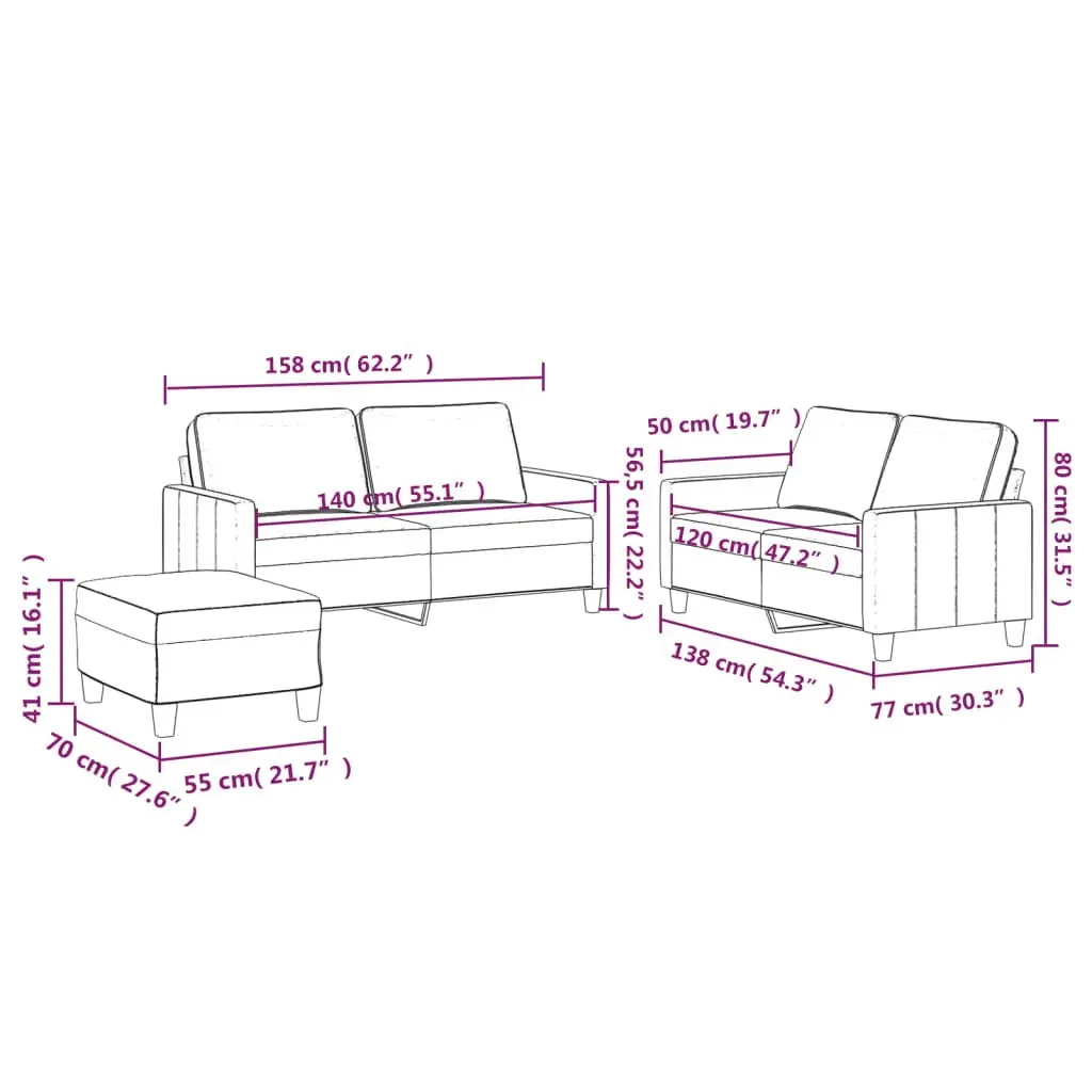 3 Piece Sofa Set Black Velvet Compact Living Room Furniture