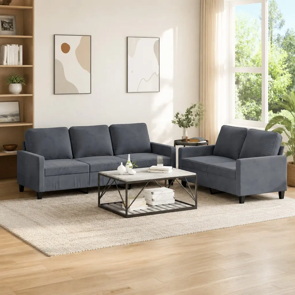 2 Piece Sofa Set Grey Velvet Living Room Furniture Comfortable Padded Seating