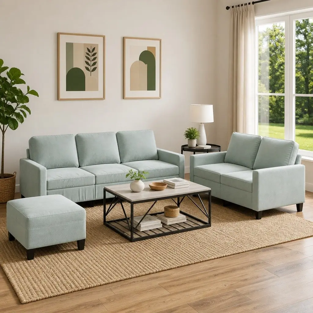 3 Piece Sofa Set Grey Velvet Lounge Plywood and Metal Frame