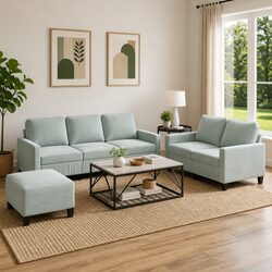 Grey Velvet 3 Piece Lounge Sofa Set with Footstool