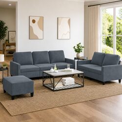 3 Piece Grey Velvet Sofa Set with Footstool