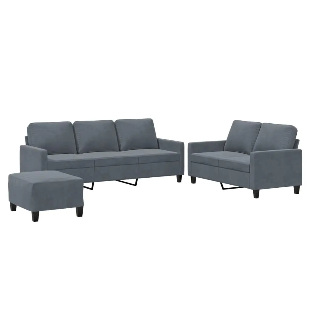 3 Piece Sofa Set Grey Velvet Living Room Furniture