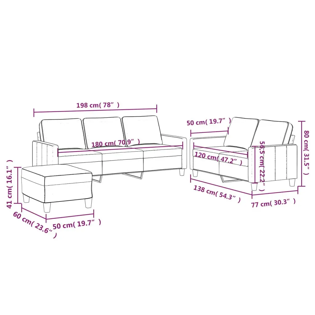 3 Piece Sofa Set Grey Velvet Living Room Furniture