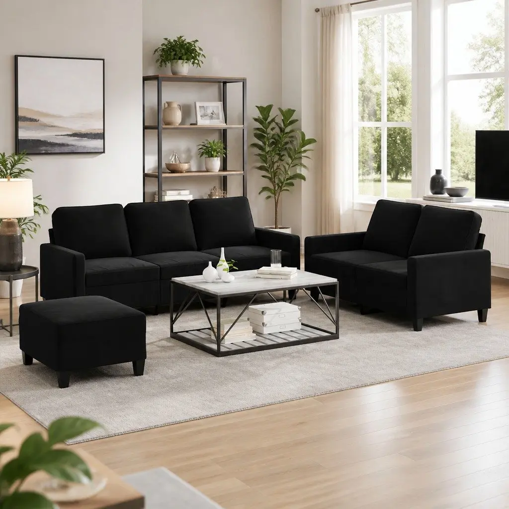 3 Piece Sofa Set with Footstool Black Velvet Living Room Furniture Seating