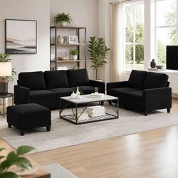 Elegant Black Velvet 3 Piece Sofa Set with Footstool