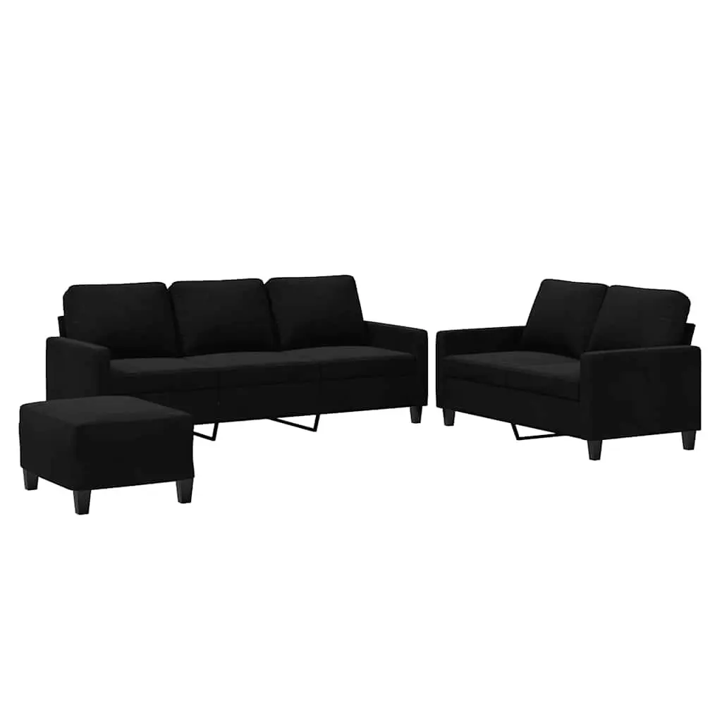 3 Piece Sofa Set with Footstool Black Velvet Living Room Furniture Seating