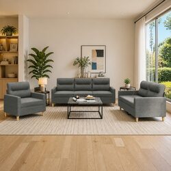 Three-Piece Grey Fabric Sofa Set with Cushions