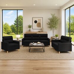 3 Piece Black Fabric Sofa Set for Living Room Comfort