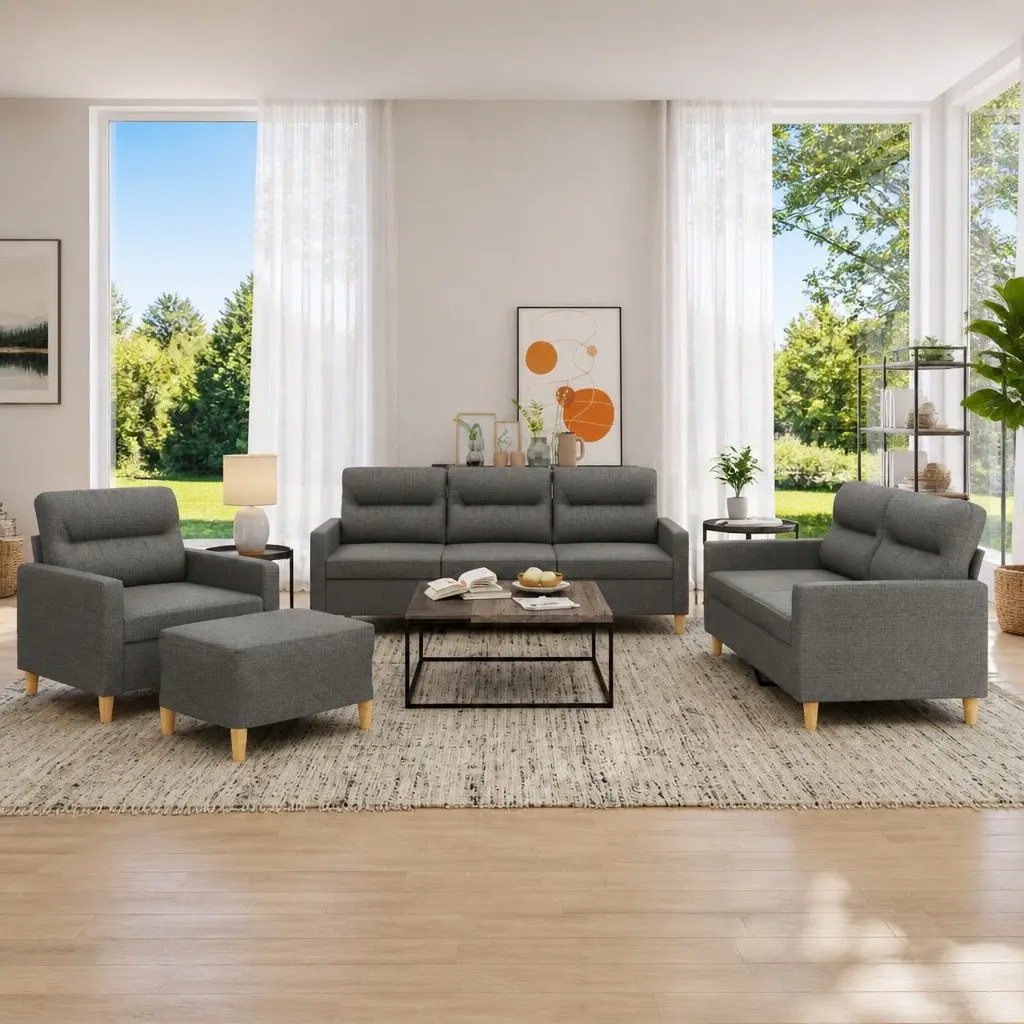 4 Piece Grey Fabric Sofa Set Contemporary Padded Seat Armrests Living Room