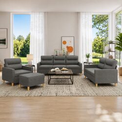 4 Piece Contemporary Grey Fabric Sofa Set with Footstool