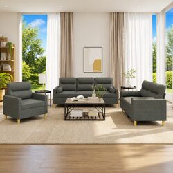 Grey Fabric 3 Piece Sofa Set with Pillows for Living Room