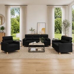 Comfortable 3 Piece Black Fabric Sofa Set