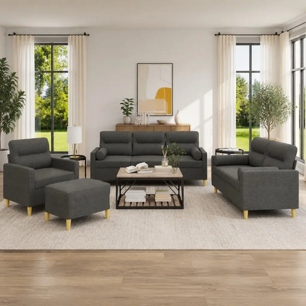 4 Piece Sofa Set Grey Fabric Plywood and Metal