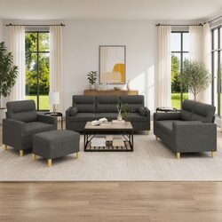 4 Piece Grey Fabric Sofa Set with Footstool and Pillows