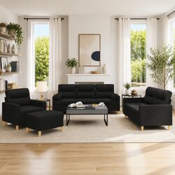 Cozy Black Fabric 4 Piece Sofa Set with Pillows