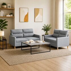 Cozy 2 Piece Grey Fabric Sofa Set with Cushions