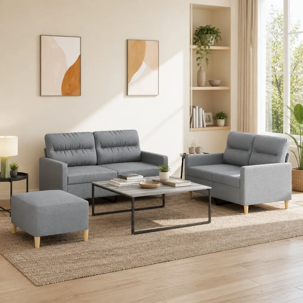Grey Fabric 3 Piece Living Room Sofa Set with Armchair and Footstool for Compact Spaces