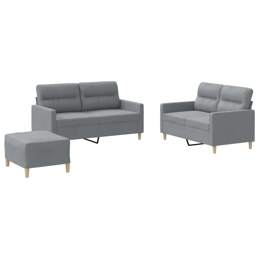 Grey Fabric 3 Piece Living Room Sofa Set with Armchair and Footstool for Compact Spaces