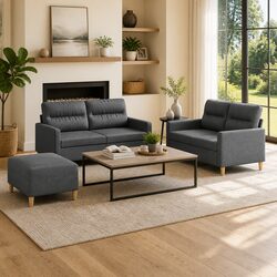 Grey Fabric 3 Piece Sofa Set with Cushions and Footstool