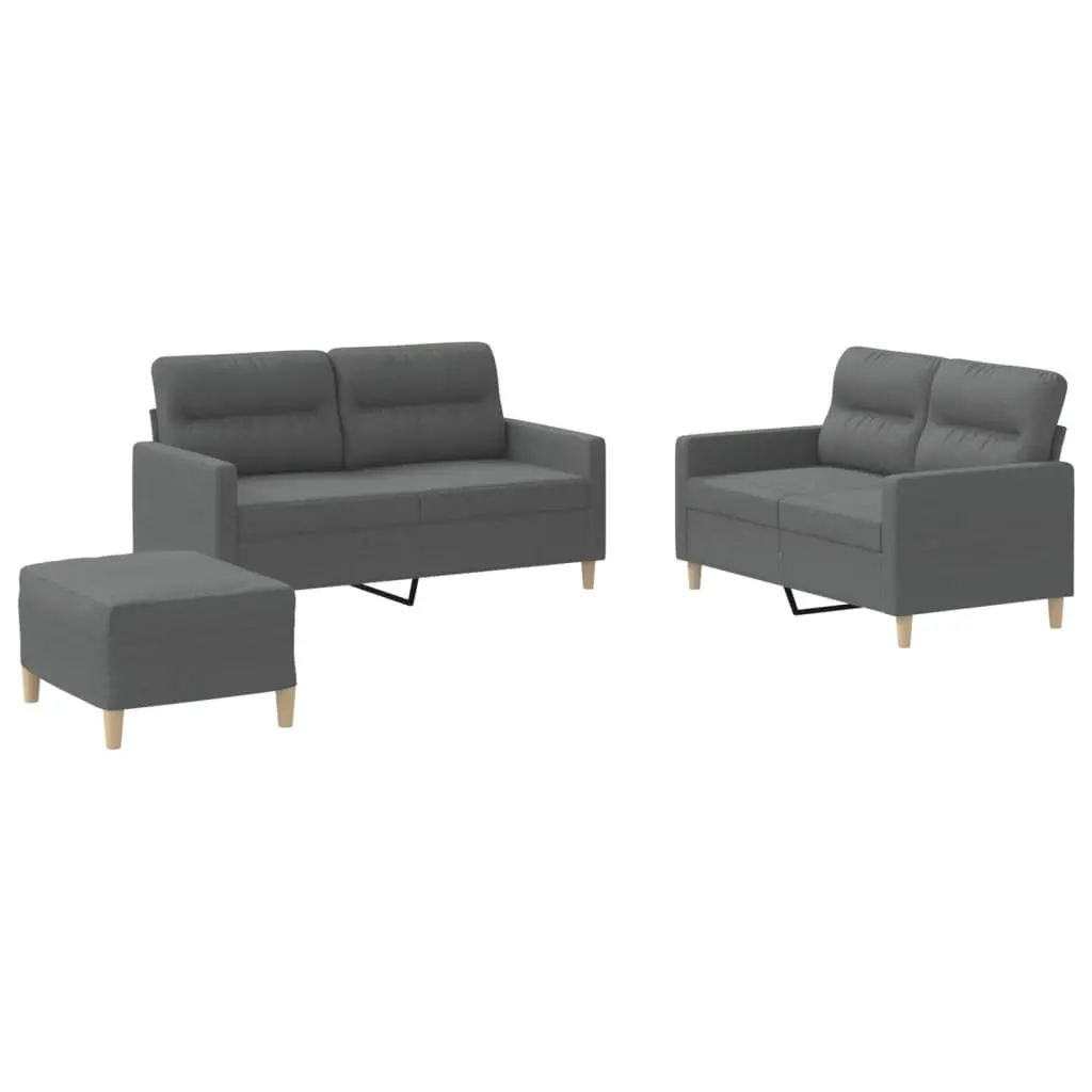3 Piece Sofa Set Grey Fabric Couch with Cushions and Footstool Living Room