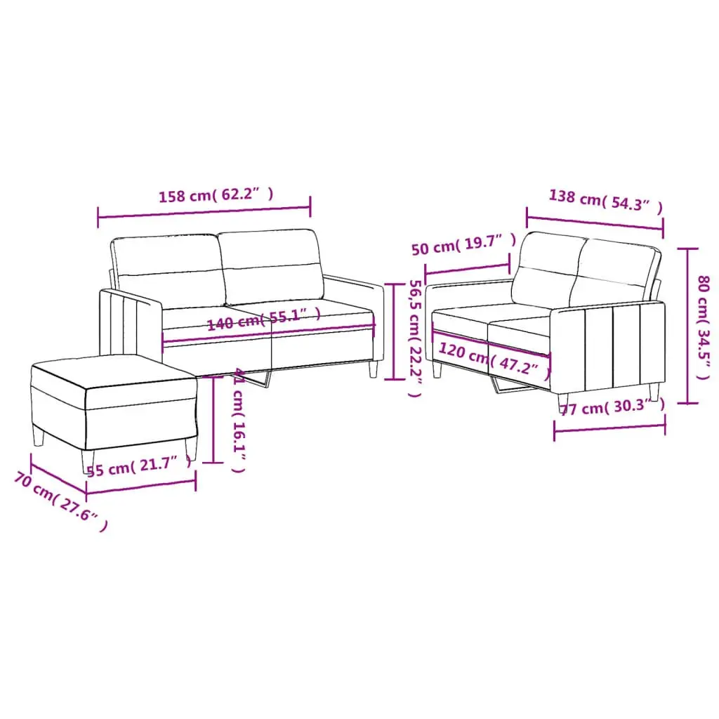 3 Piece Sofa Set Grey Fabric Couch with Cushions and Footstool Living Room
