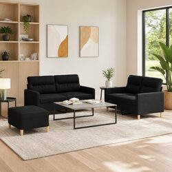 Inviting 3 Piece Black Fabric Sofa Set with Footstool