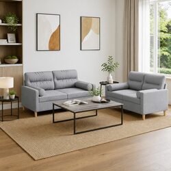 Grey Fabric 2 Piece Sofa Set with Pillows for Living Room