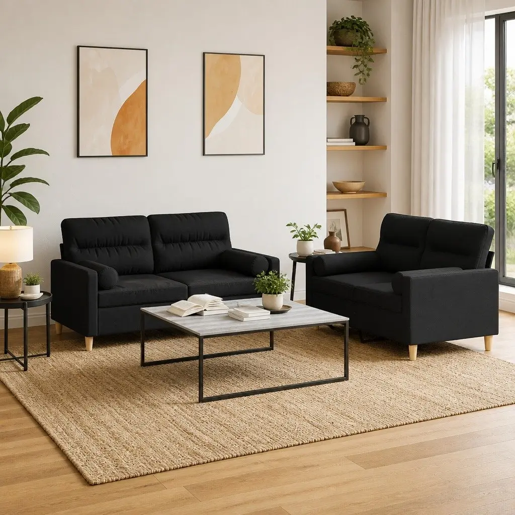 2 Piece Sofa Set Black Fabric Couch Plywood Metal
