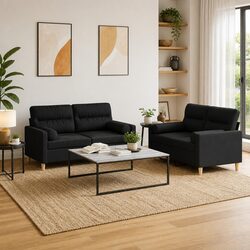 Cozy 2 Piece Black Fabric Sofa Set with Pillows