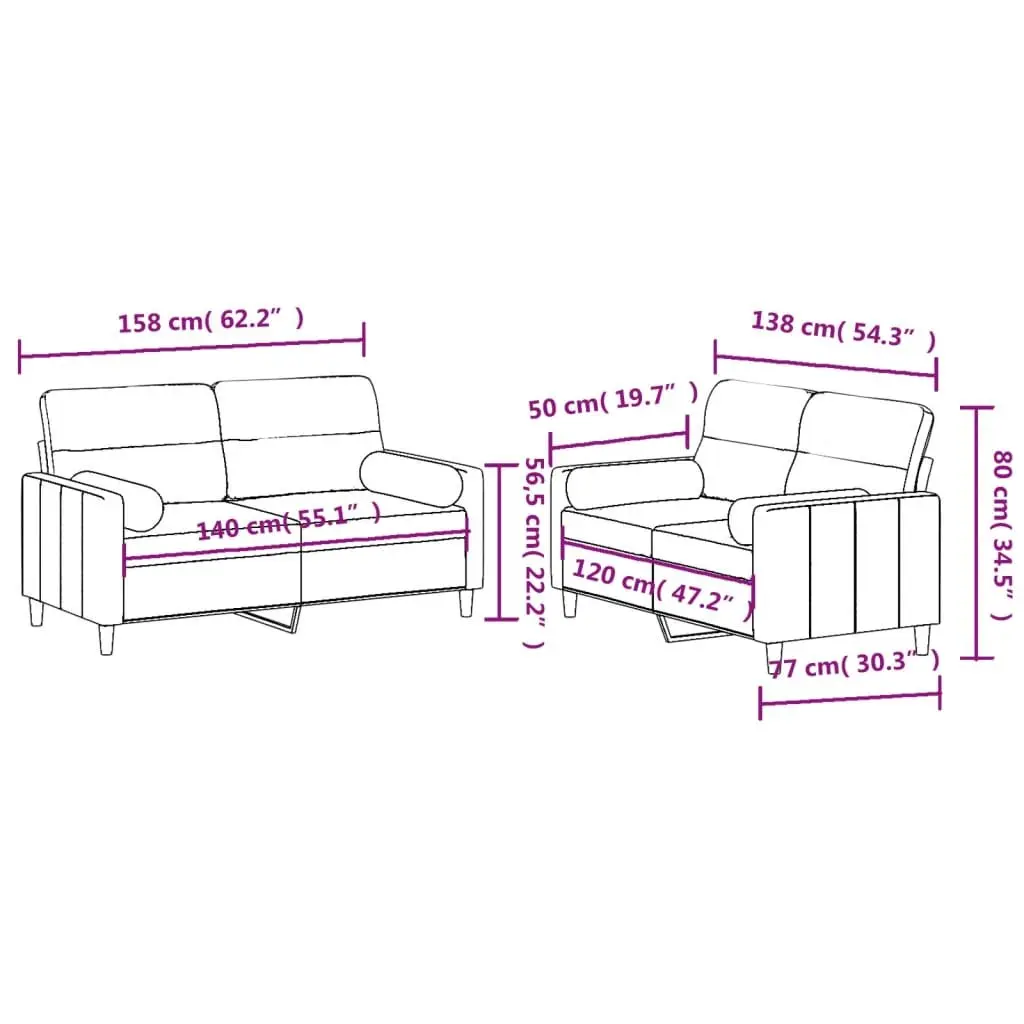2 Piece Sofa Set Black Fabric Couch Plywood Metal