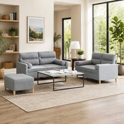 Grey Fabric 3 Piece Sofa Set with Footstool and Pillows