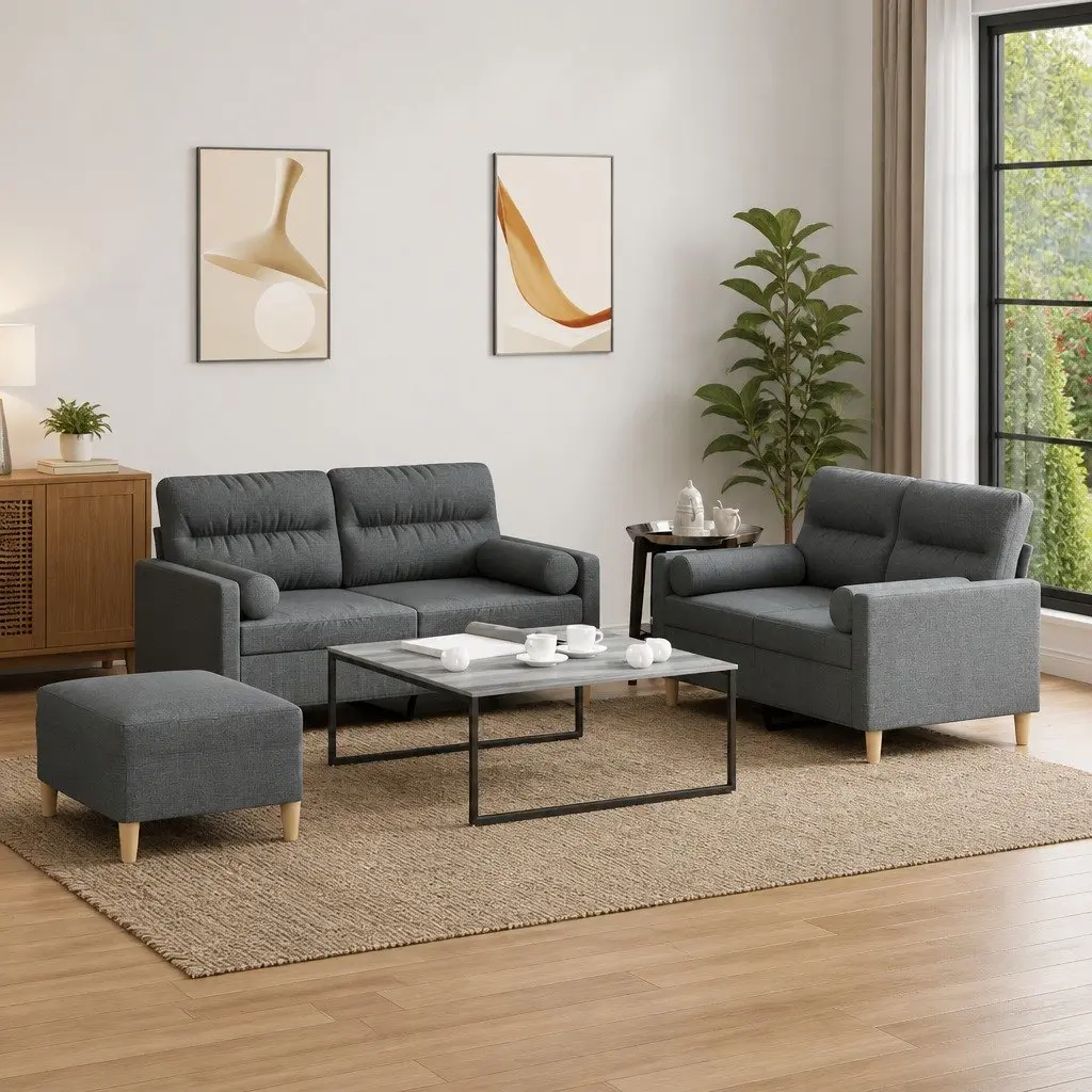 Grey Fabric Lounge Couch Set 3 Piece with Footstool and Pillows for Living Room