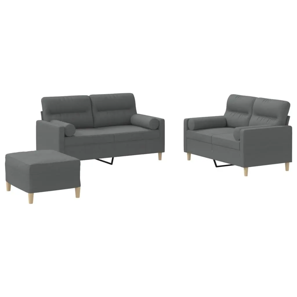 Grey Fabric Lounge Couch Set 3 Piece with Footstool and Pillows for Living Room