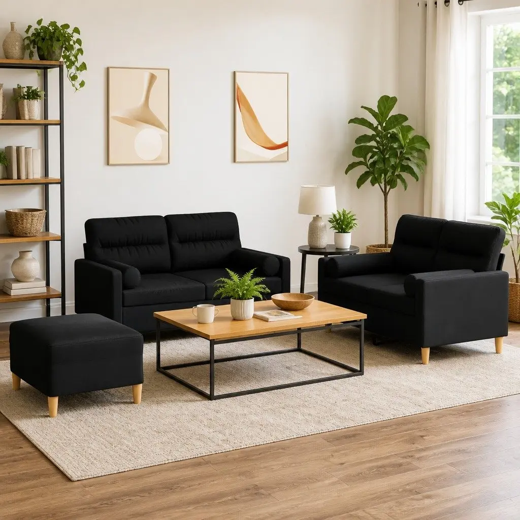 Black Fabric Sofa Set 3 Piece Lounge Suite with Footstool and Pillows for Living Room or Bedroom