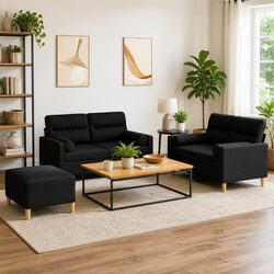 3 Piece Black Fabric Sofa Set with Footstool and Pillows
