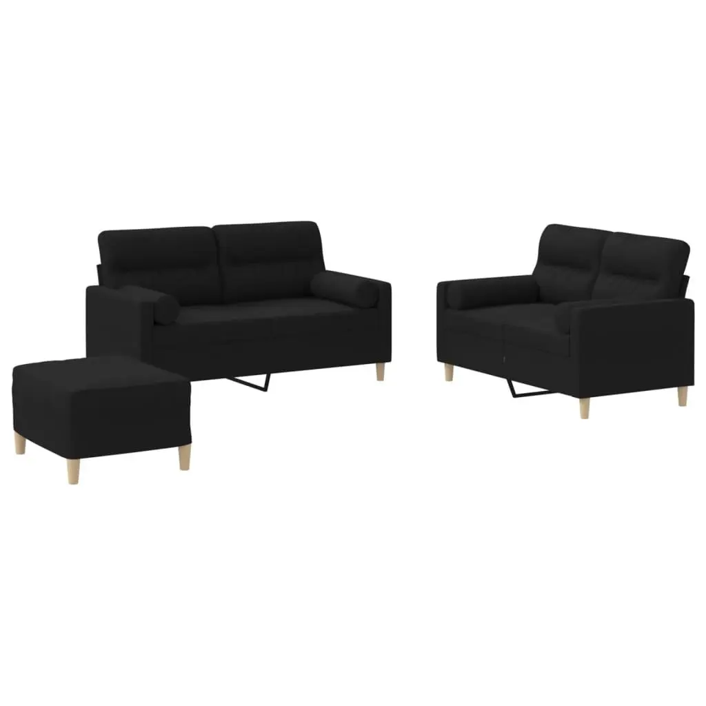 Black Fabric Sofa Set 3 Piece Lounge Suite with Footstool and Pillows for Living Room or Bedroom