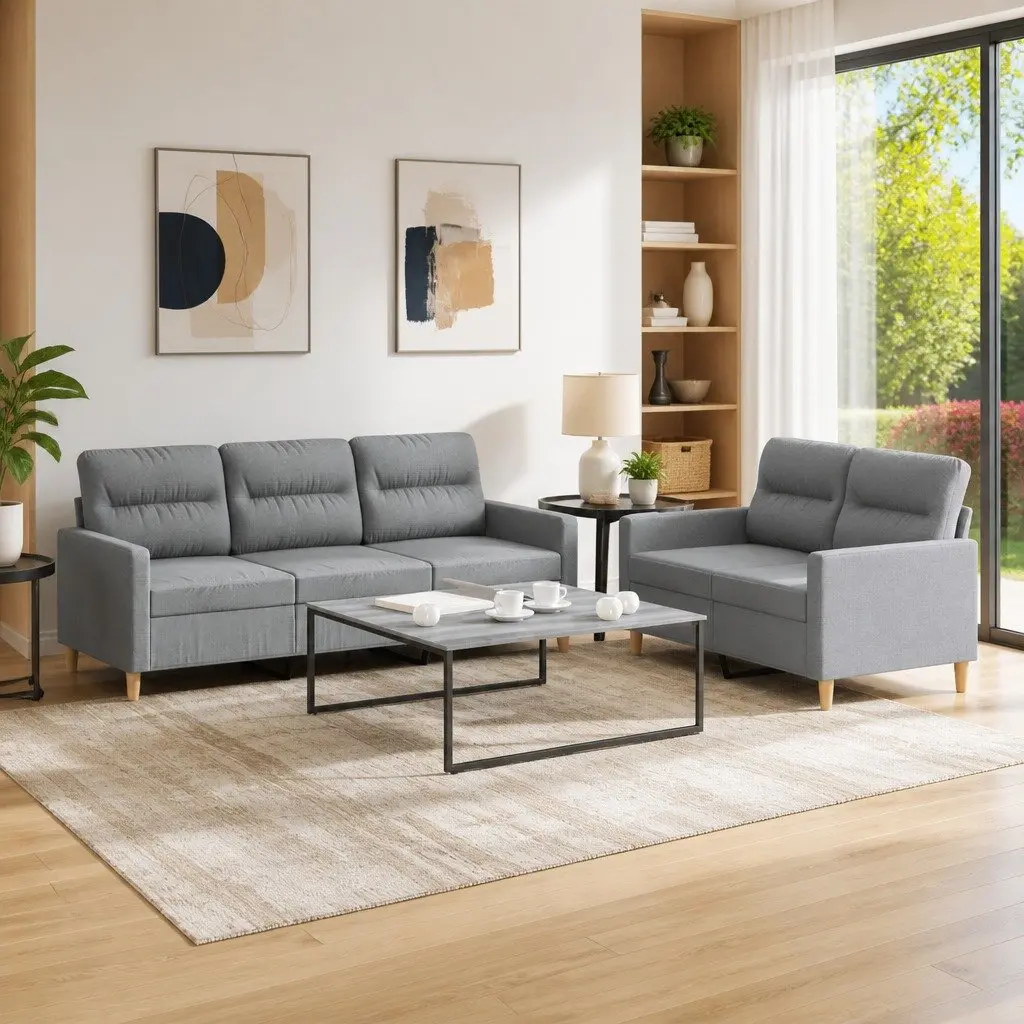 2 Piece Sofa Set Grey Fabric Upholstery Living Room Seating Couch