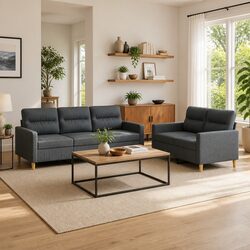 Grey Fabric 2 Piece Sofa Set with Cushions for Comfort