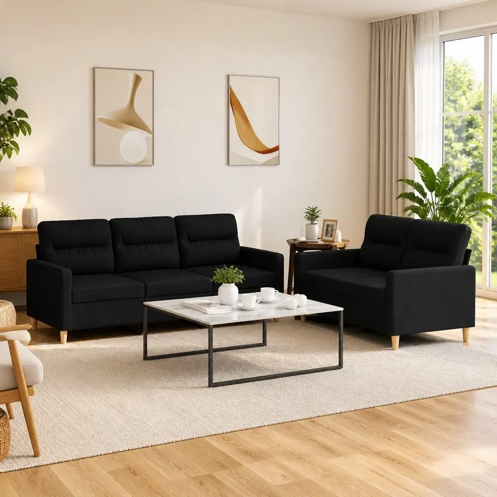 Black Fabric 2 Piece Sofa Set with Cushions Living Room Furniture