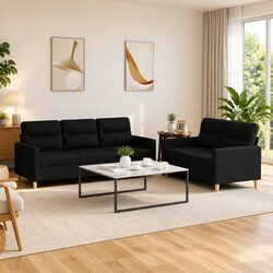 Comfortable Black Fabric 2 Piece Sofa Set with Cushions
