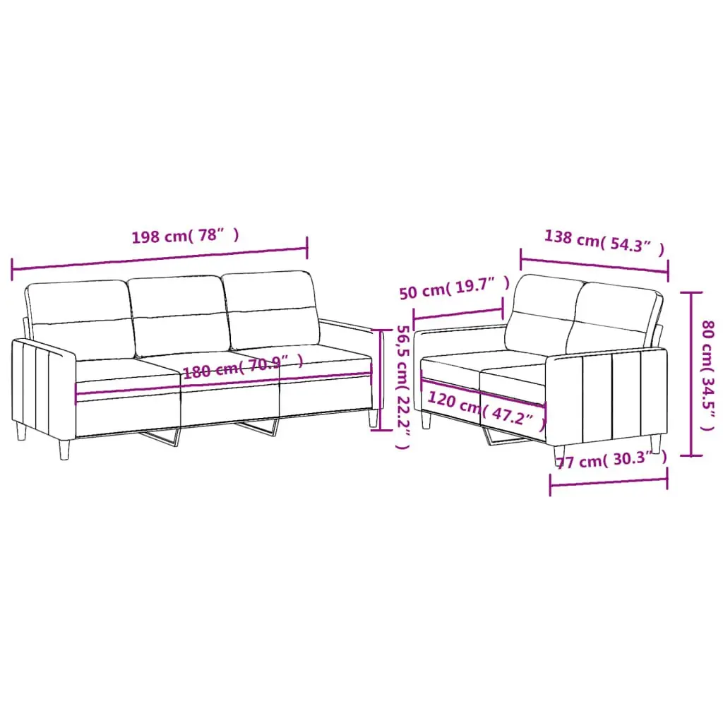 Black Fabric 2 Piece Sofa Set with Cushions Living Room Furniture