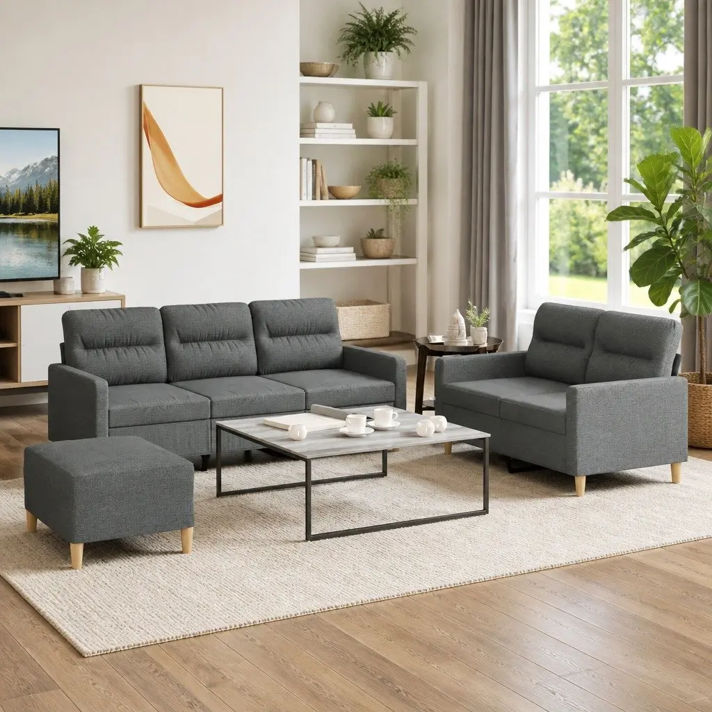 3 Piece Sofa Set Grey Fabric Lounge Suite Compact Size Plywood and Metal Frame