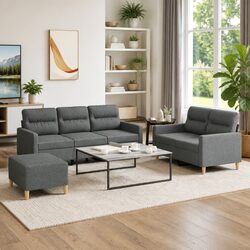 3 Piece Grey Fabric Sofa Set with Footstool