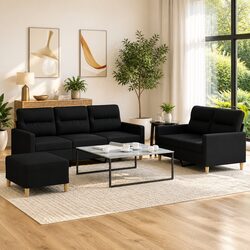 3 Piece Black Fabric Sofa Set with Cushions